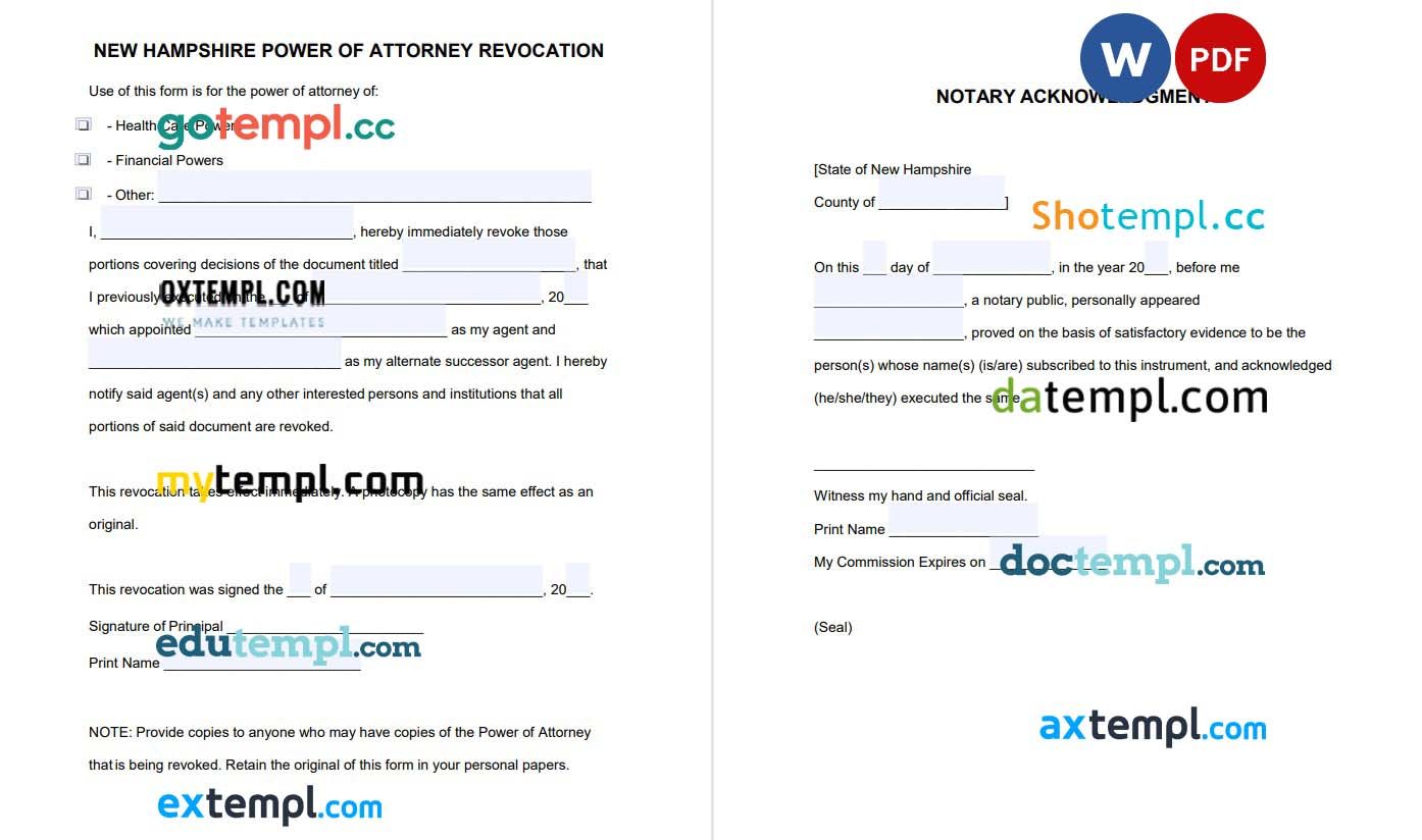 New Hampshire Power of Attorney Revocation Form example, fully editable