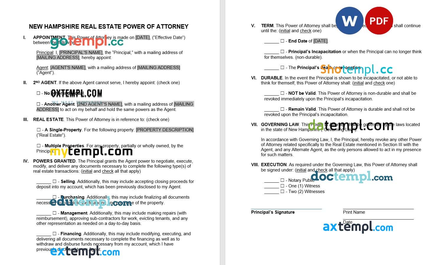 New Hampshire Real Estate Power of Attorney Form example, fully editable