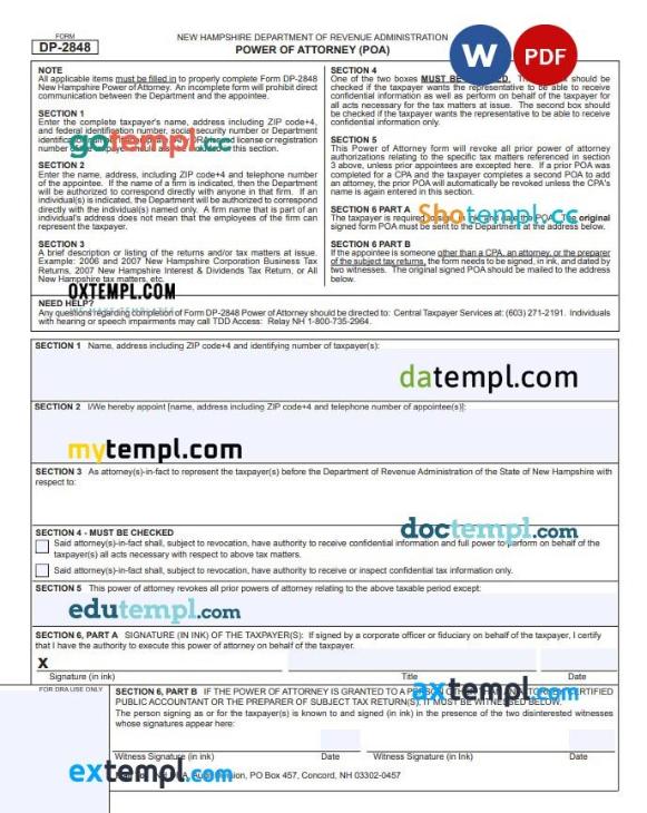 New Hampshire Tax Dept of Revenue Poa Form example, fully editable