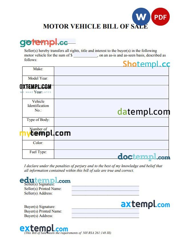 New Hampshire Vehicle Bill of Sale example, fully editable