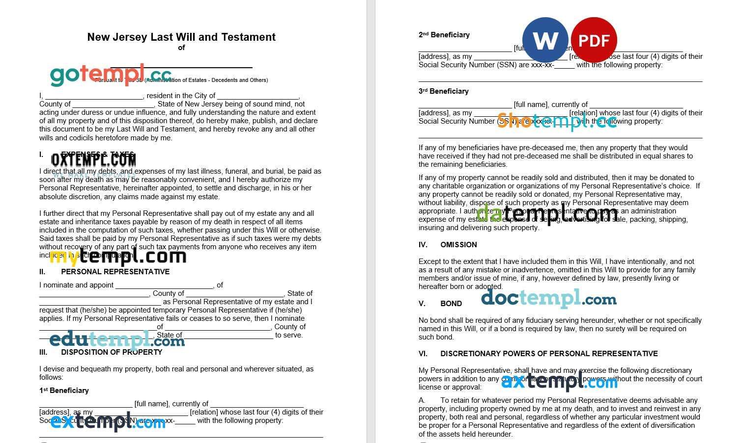 New Jersey Last Will and Testament example, fully editable