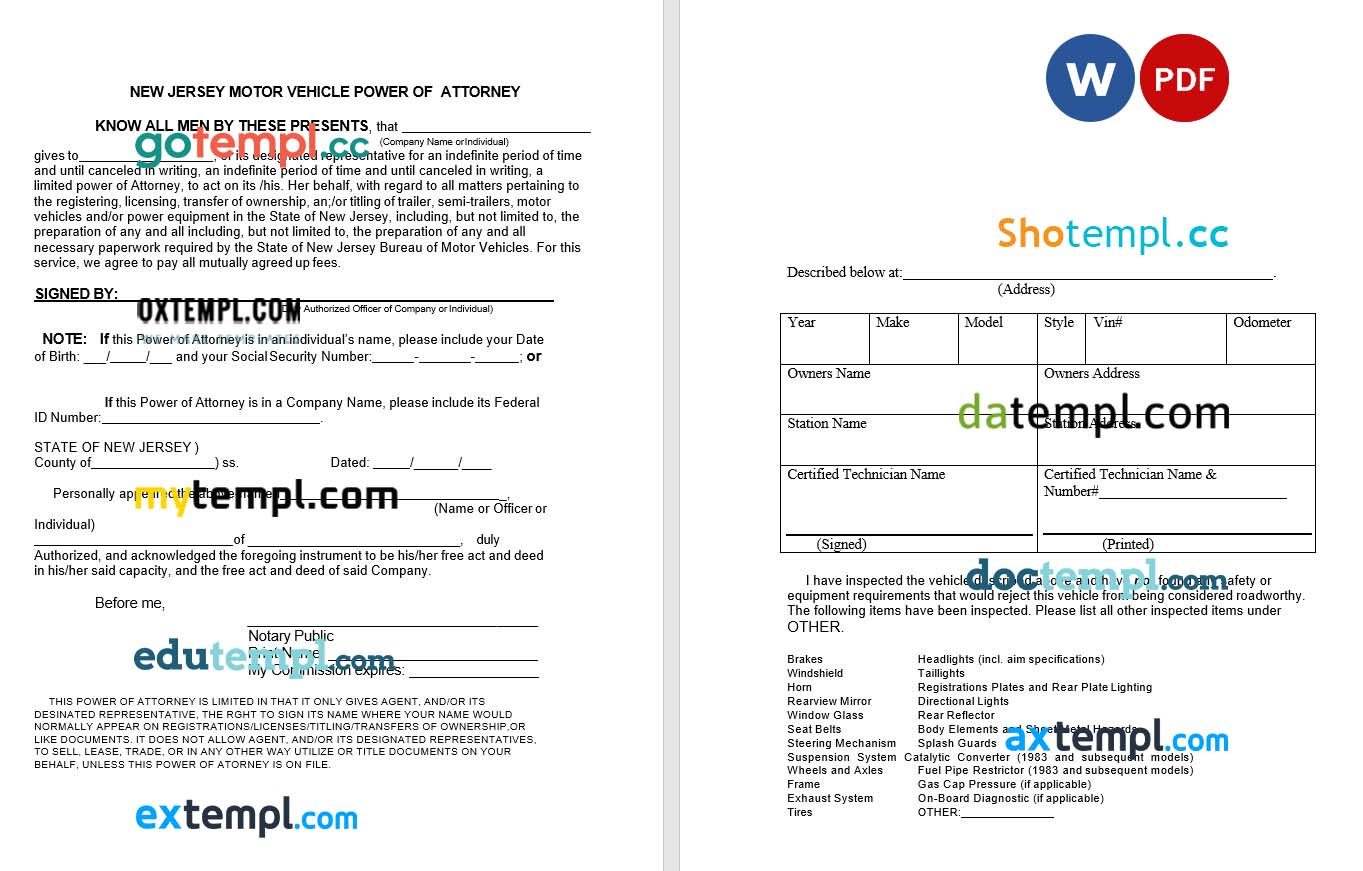 New Jersey Motor Vehicle Power of Attorney Form example, fully editable