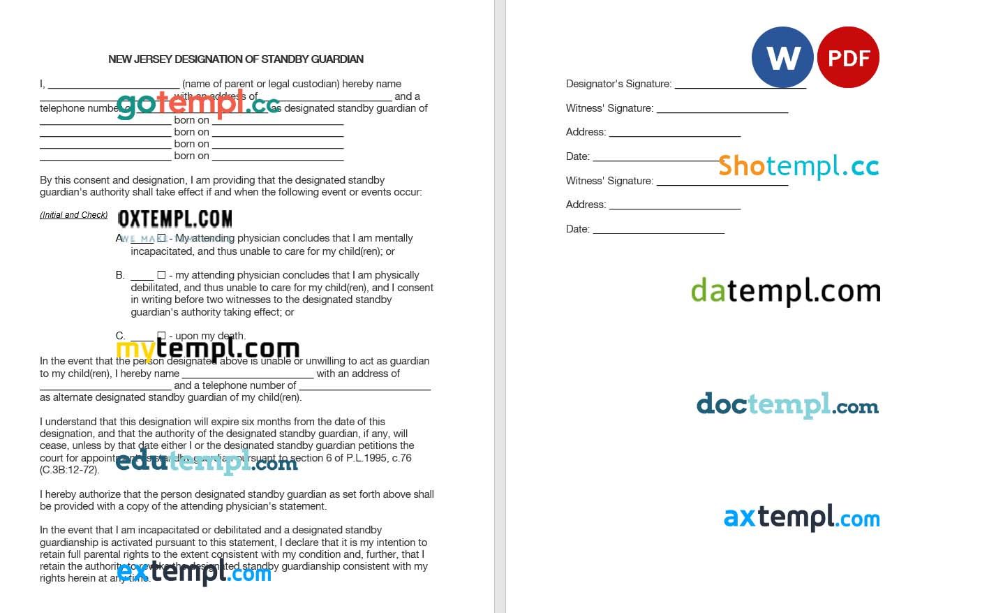 New Jersey Standy Designation of Guardian example, fully editable