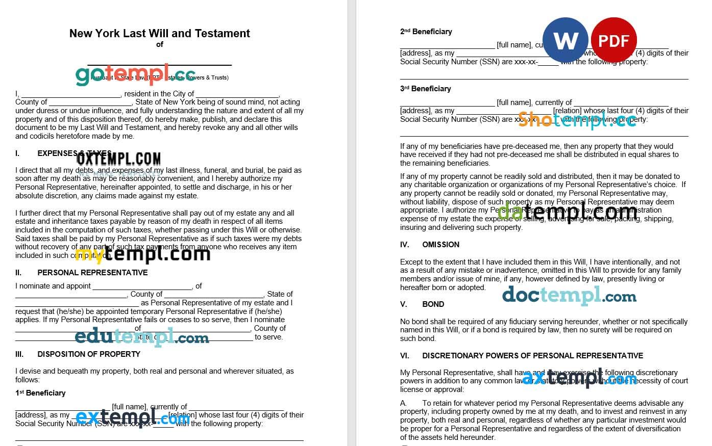 New York Last Will and Testament example, fully editable