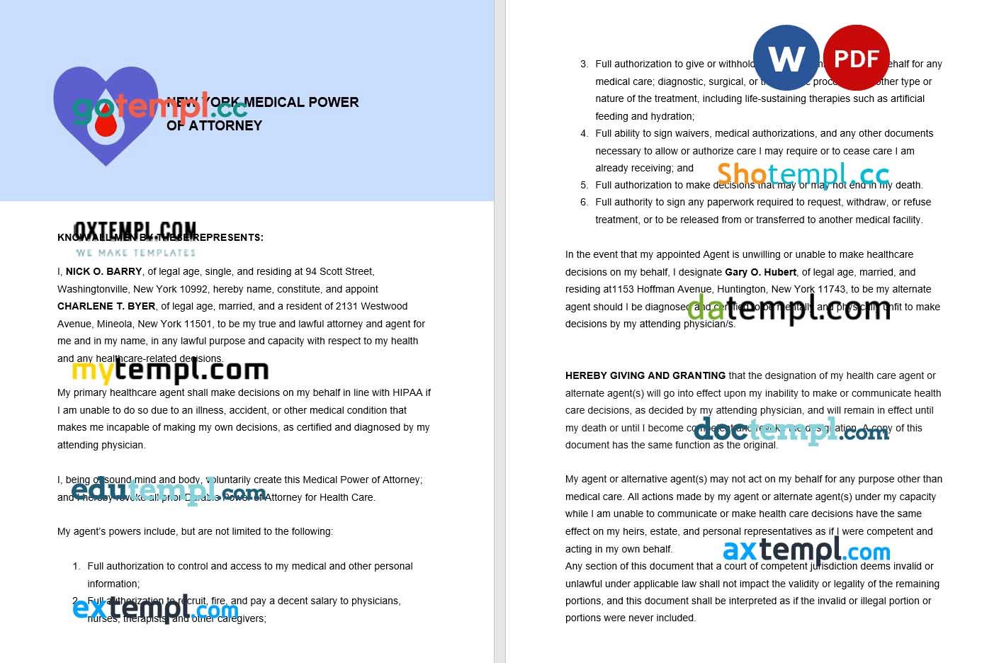 New York Medical Power of Attorney example, fully editable