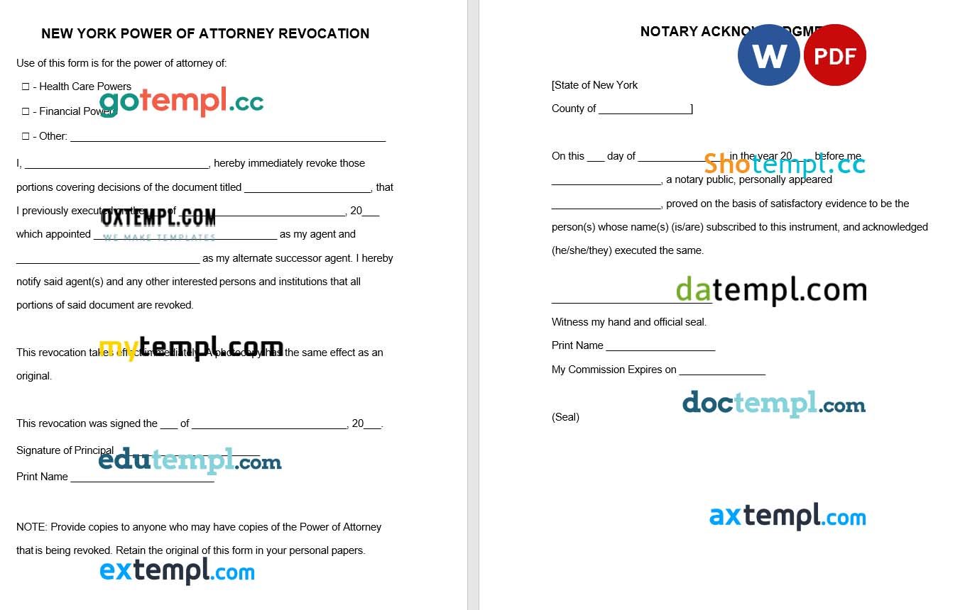 New York Power of Attorney Revocation Form example, fully editable