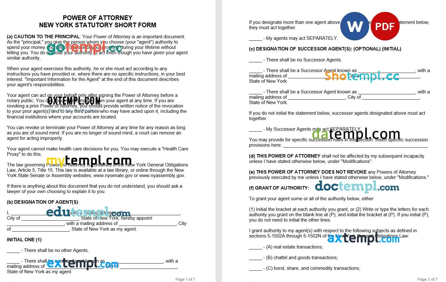 New York Statutory Durable Short Form example, fully editable