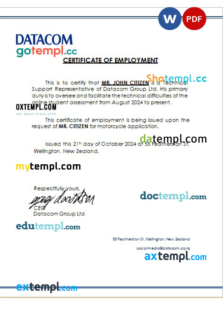 New Zealand Datacom Group Ltd certificate of employment Word and PDF download template