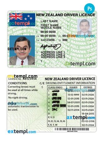 New Zealand driving license download example in PSD format, version 3