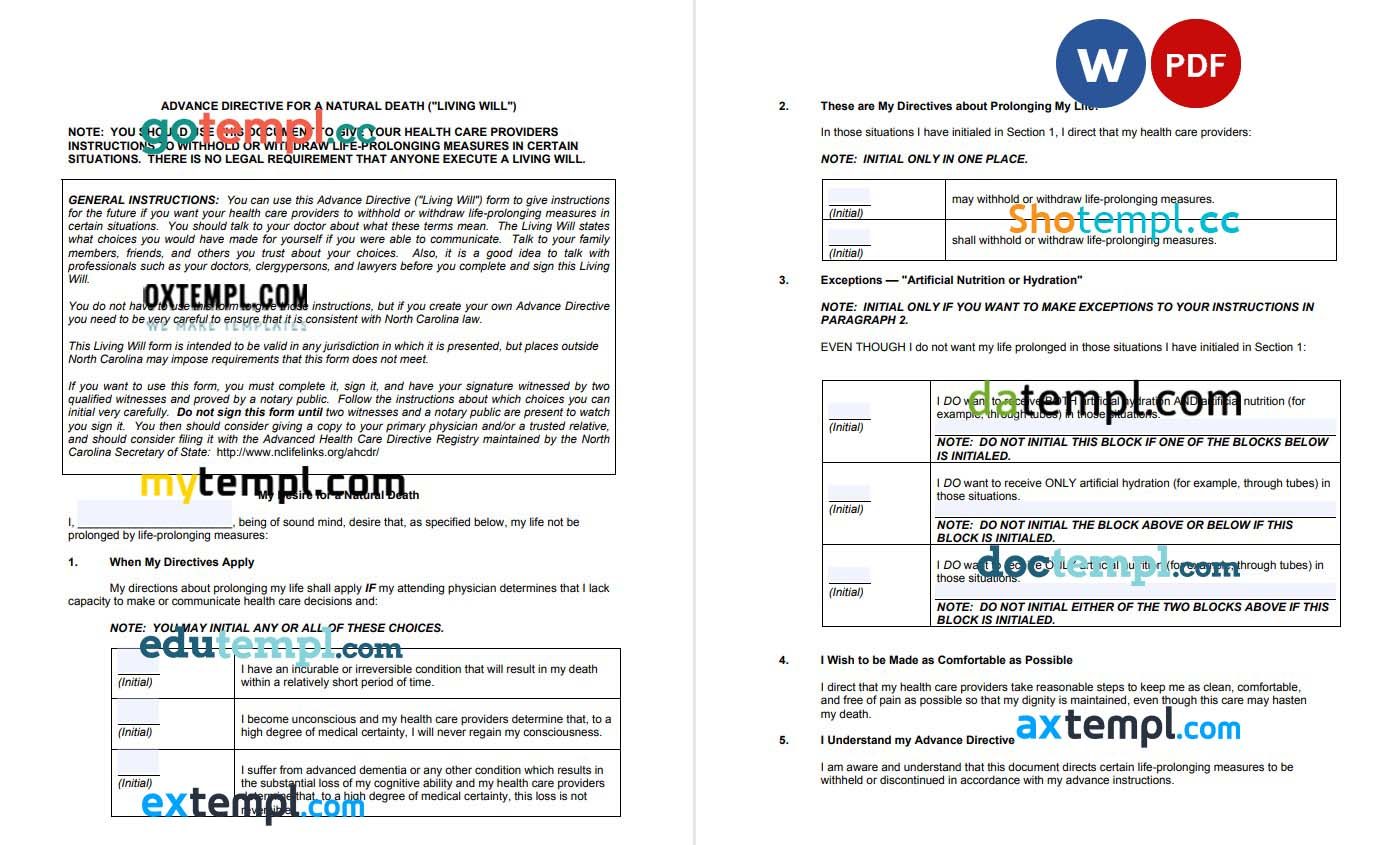 North Carolina Advance Directive Living Will example, fully editable