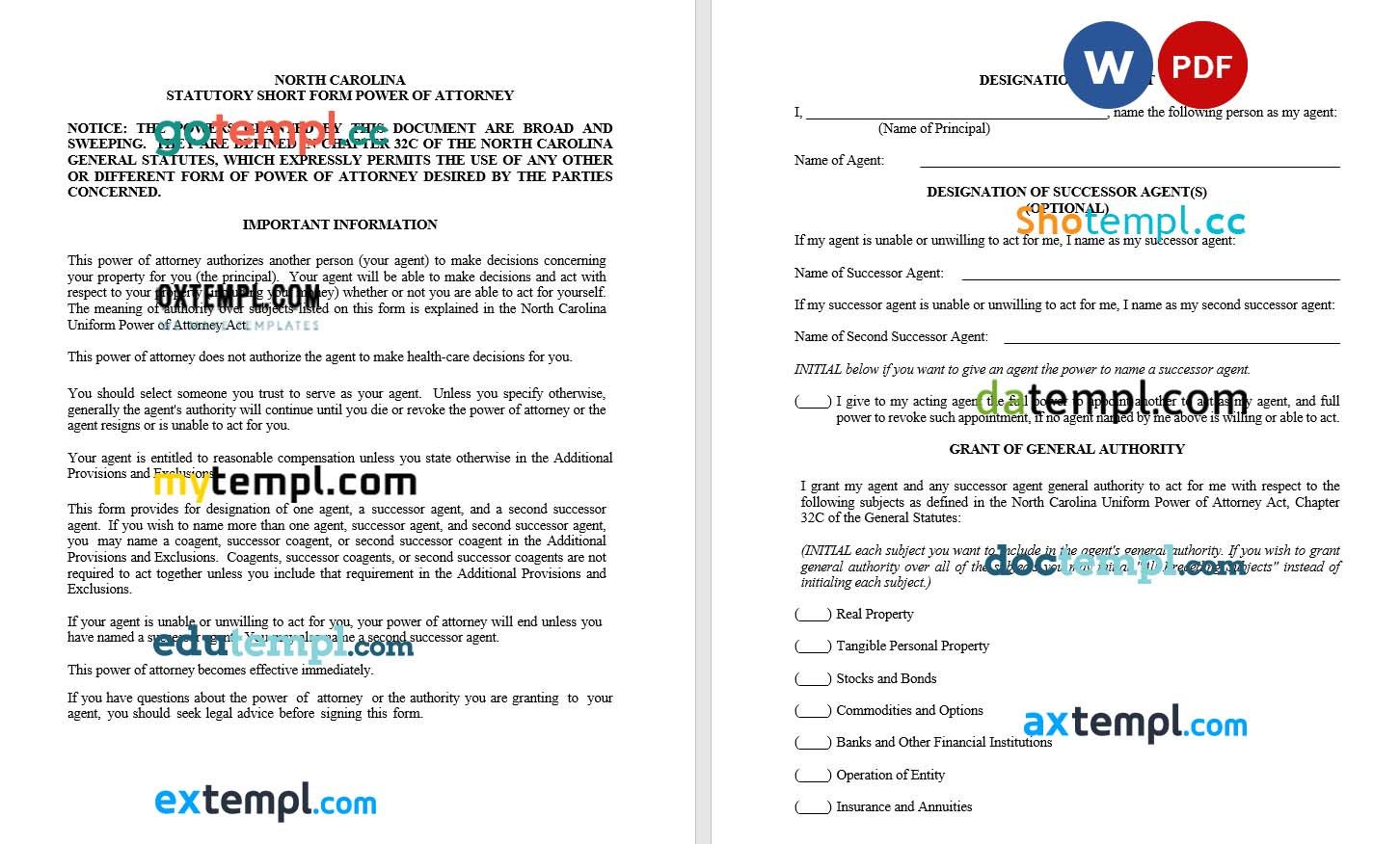 North Carolina Durable Power of Attorney Form example, fully editable