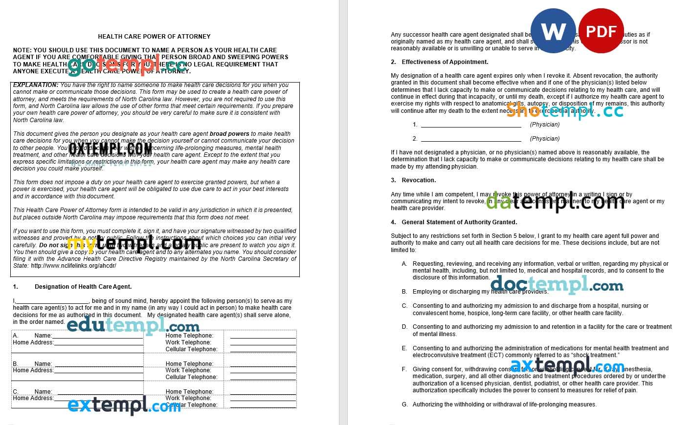 North Carolina Health Care Power of Attorney example, fully editable