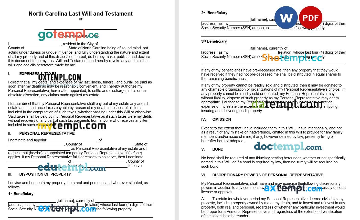 North Carolina Last Will and Testament example, fully editable