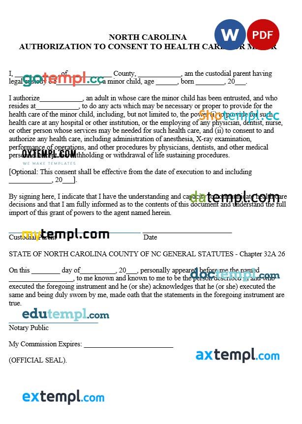 North Carolina Minor Child Power of Attorney Form example, fully editable