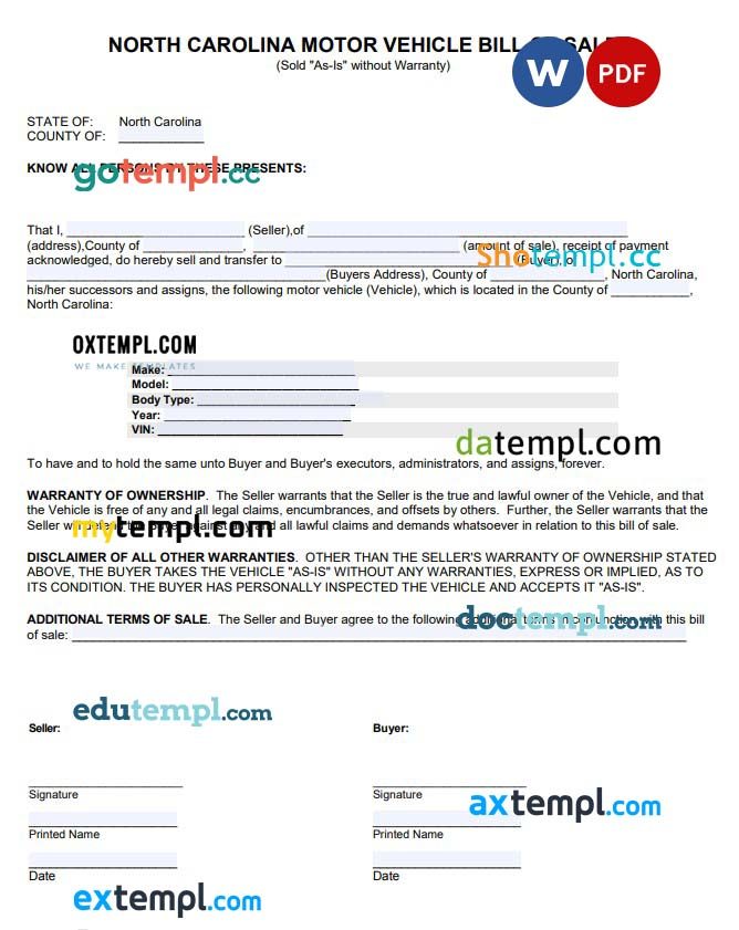 North Carolina Motor Vehicle Bill of Sale Form example, fully editable