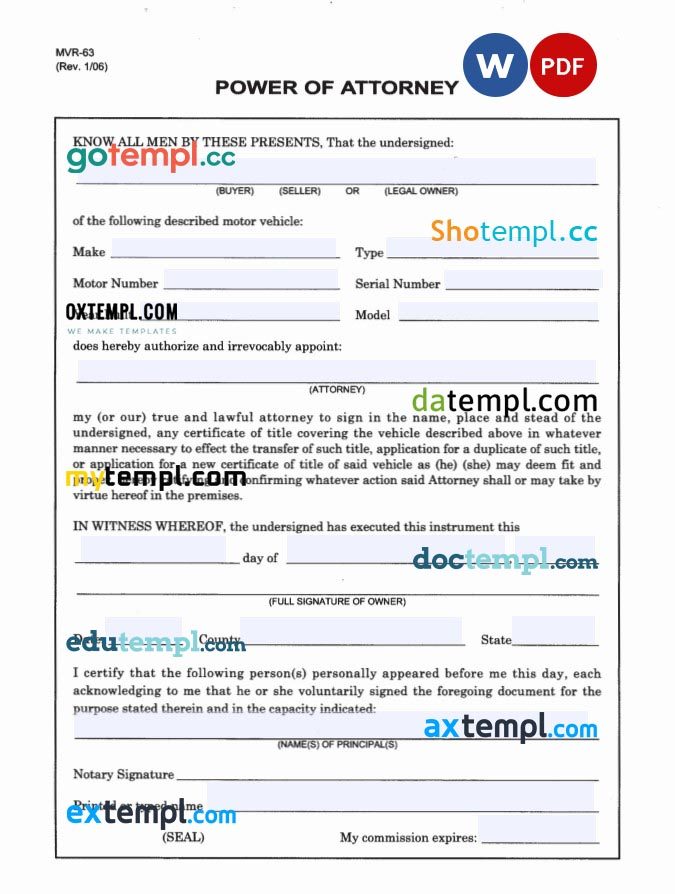 North Carolina Motor Vehicle Power of Attorney example, fully editable