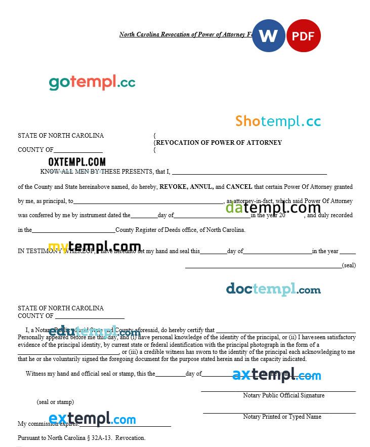 North Carolina Revocation Power of Attorney Form example, fully editable