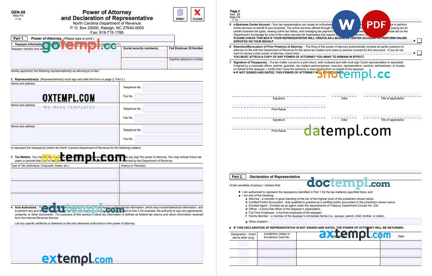 North Carolina Tax Power of Attorney Form example, fully editable