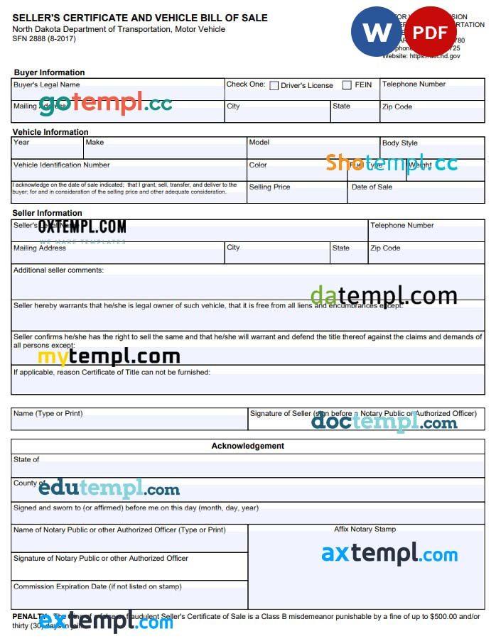 North Dakota DOT Motor Vehicle Bill of Sale Form example, fully editable