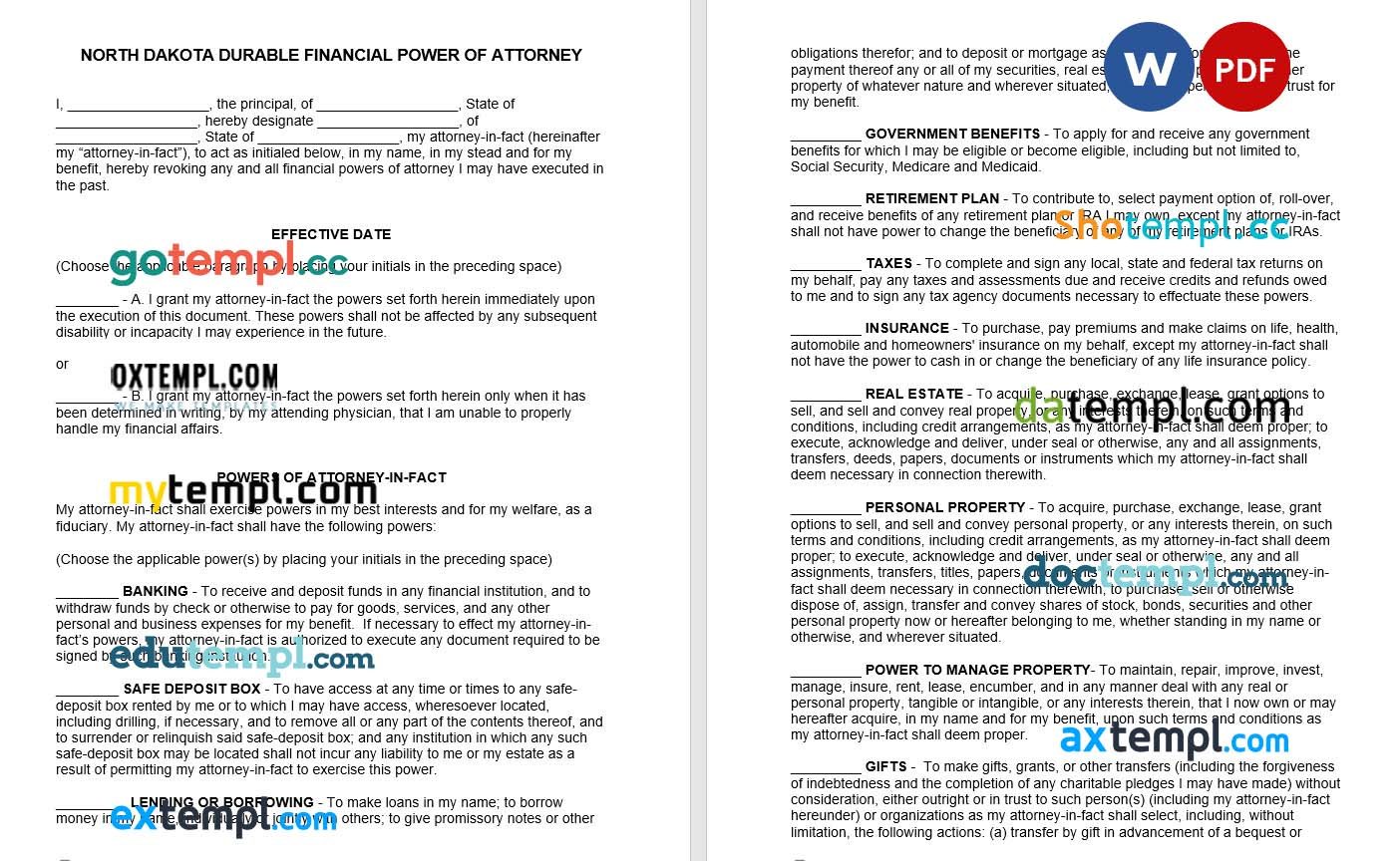 North Dakota Durable Financial Power of Attorney Form example, fully editable