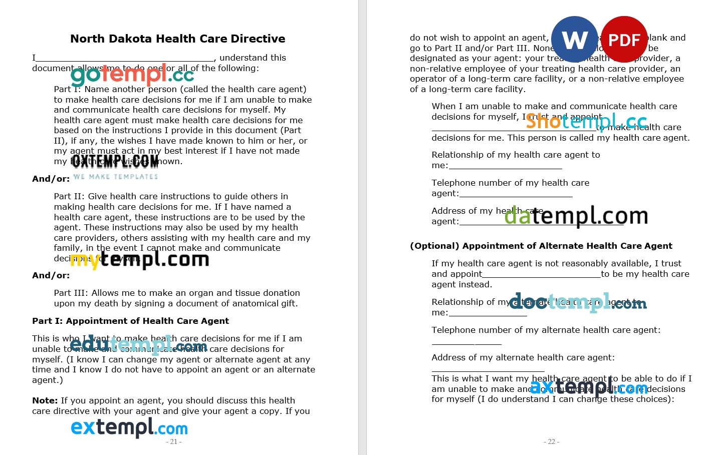 North Dakota Health Care Directive example, fully editable