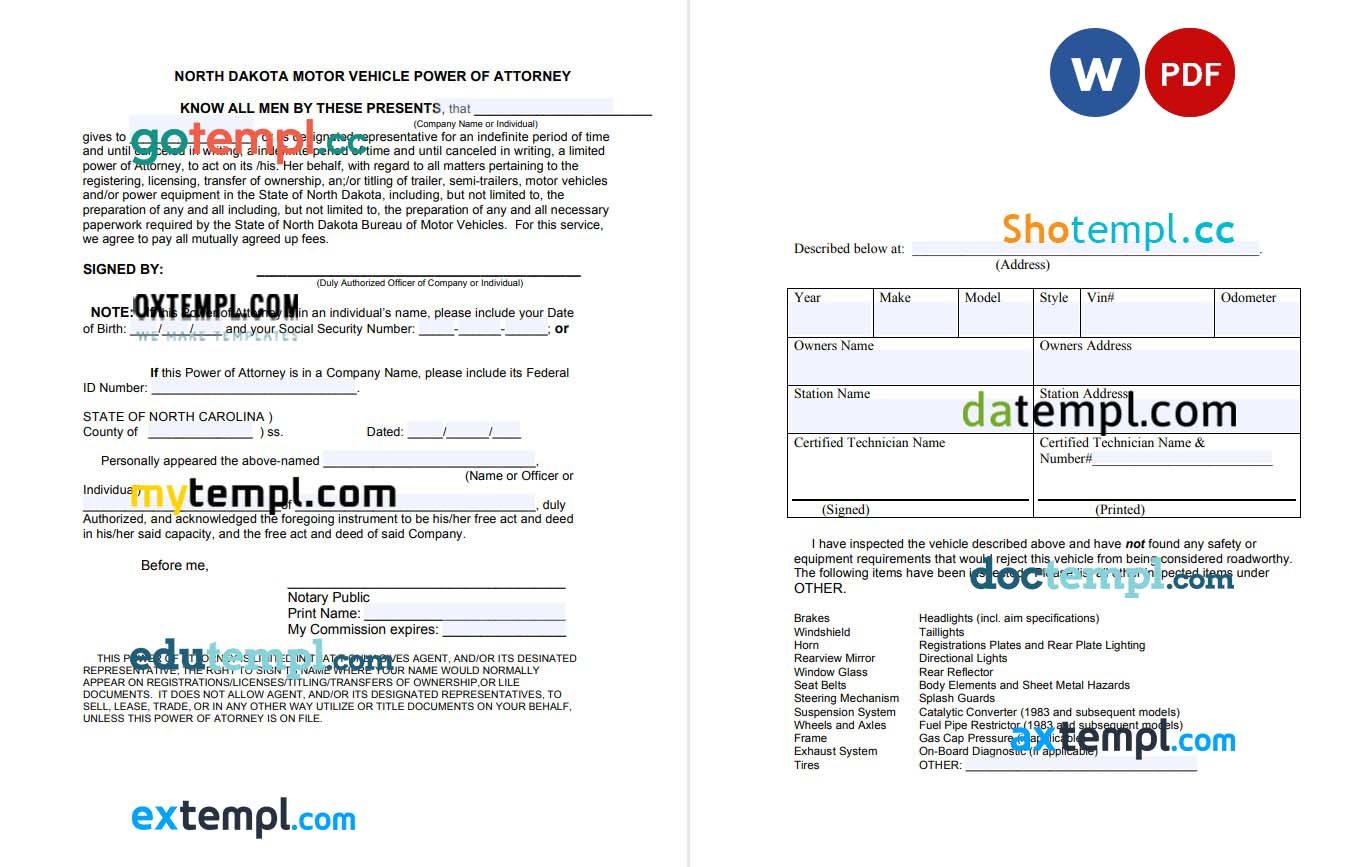 North Dakota Vehicle Power of Attorney Form example, fully editable