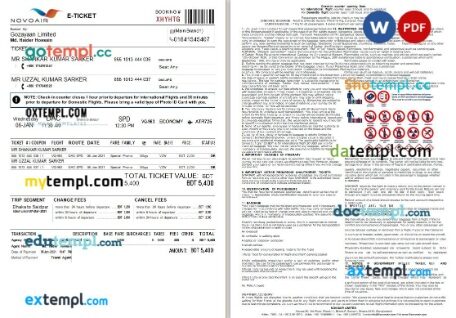 Novo Air airplane e-ticket, Word and PDF download template, 2 pages