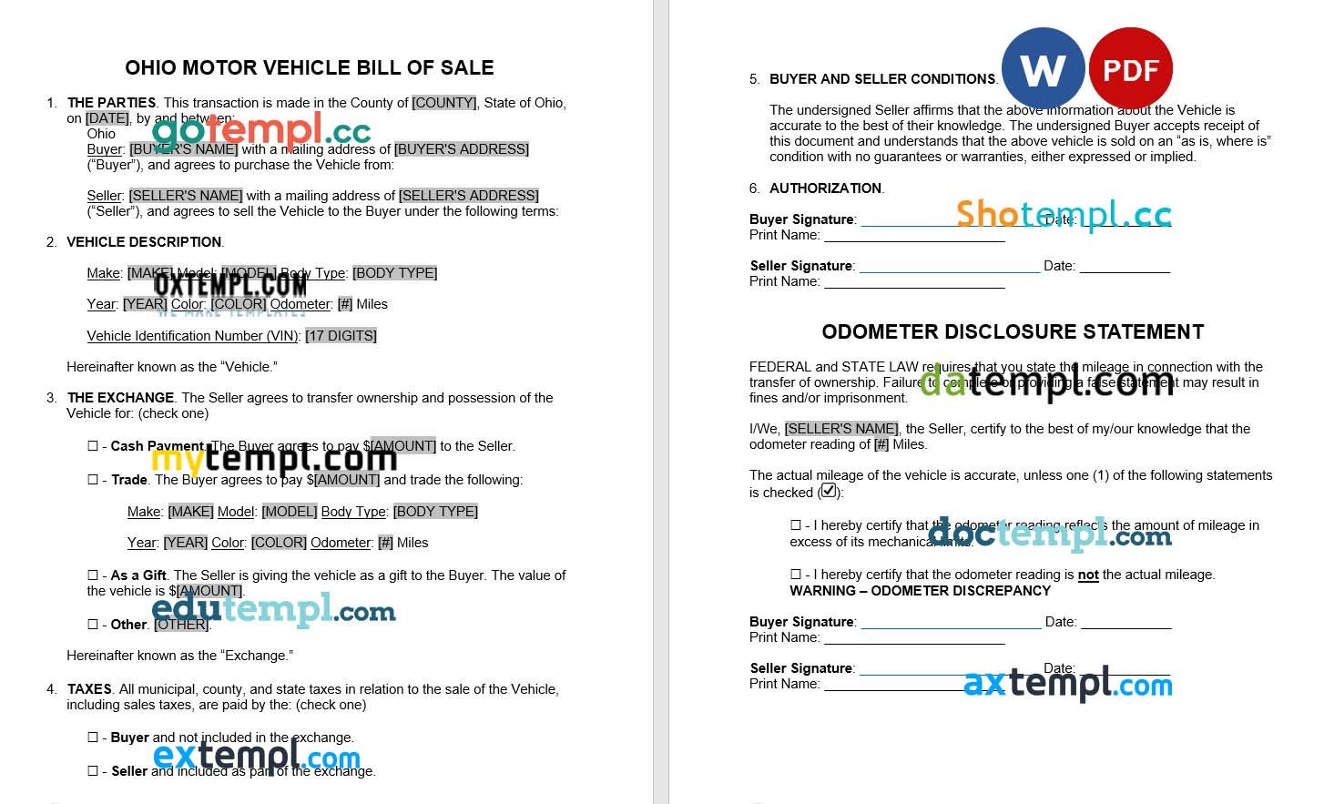 Ohio BMV Bill of Sale example, fully editable