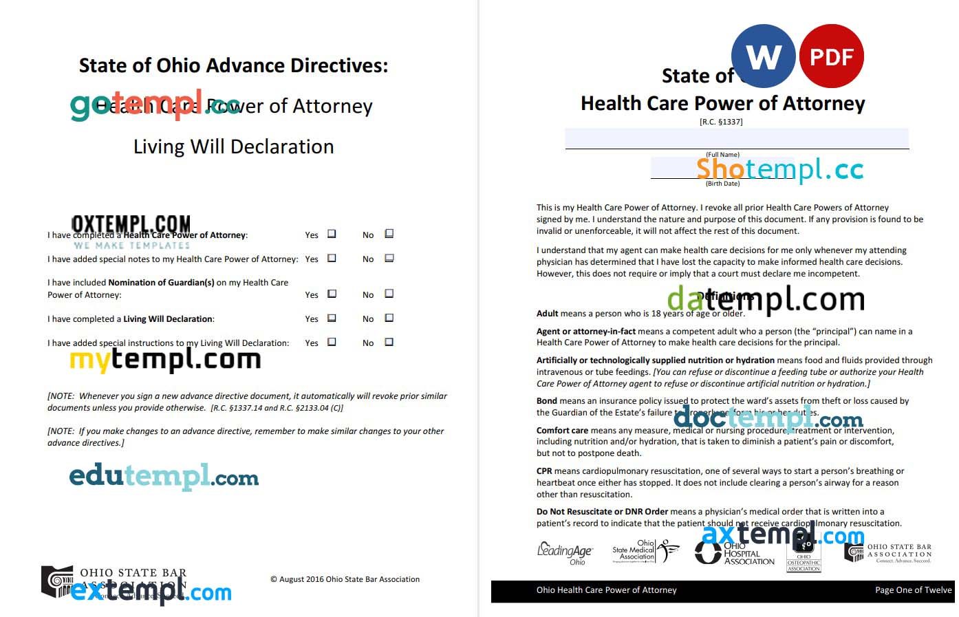 Ohio Hospital Assoc Advance Directive example, fully editable