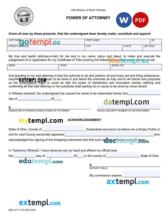 Ohio Motor Vehicle Power of Attorney Form example, fully editable