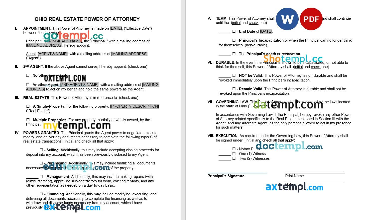 Ohio Real Estate Power of Attorney Form example, fully editable