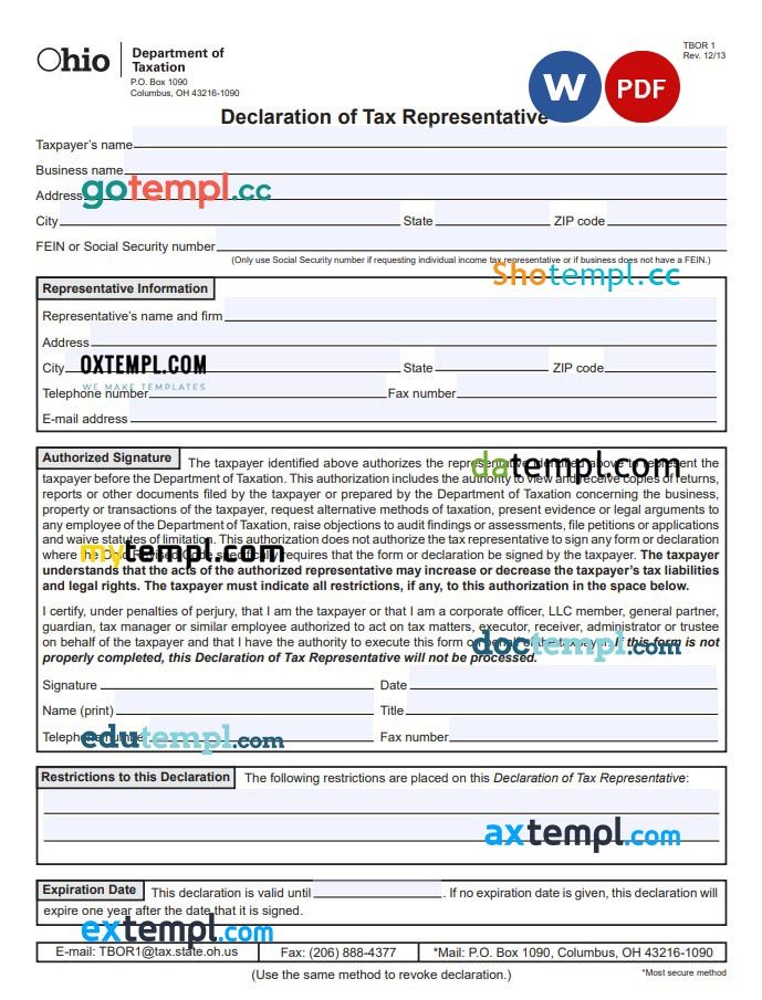 Ohio Tax Power of Attorney Form example, fully editable