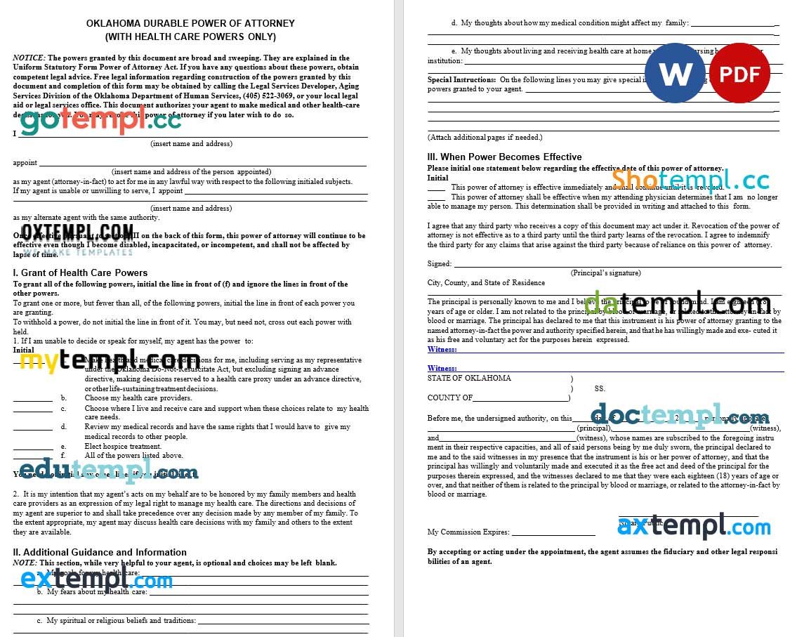 Oklahoma Durable Power of Attorney for Health Care example, fully editable version 1