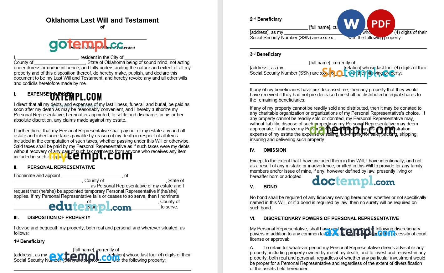 Oklahoma Last Will and Testament example, fully editable