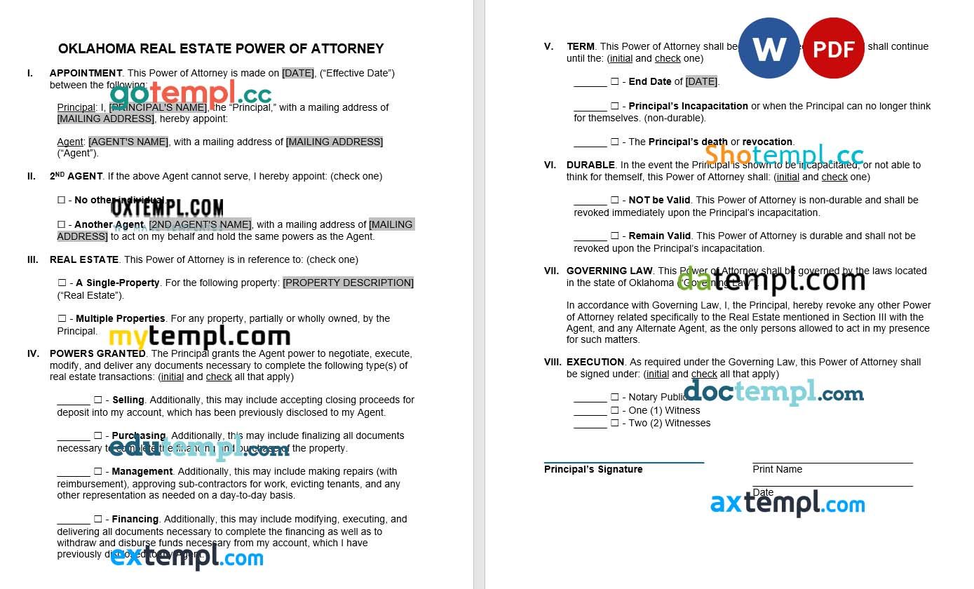 Oklahoma Real Estate Power of Attorney Form example, fully editable