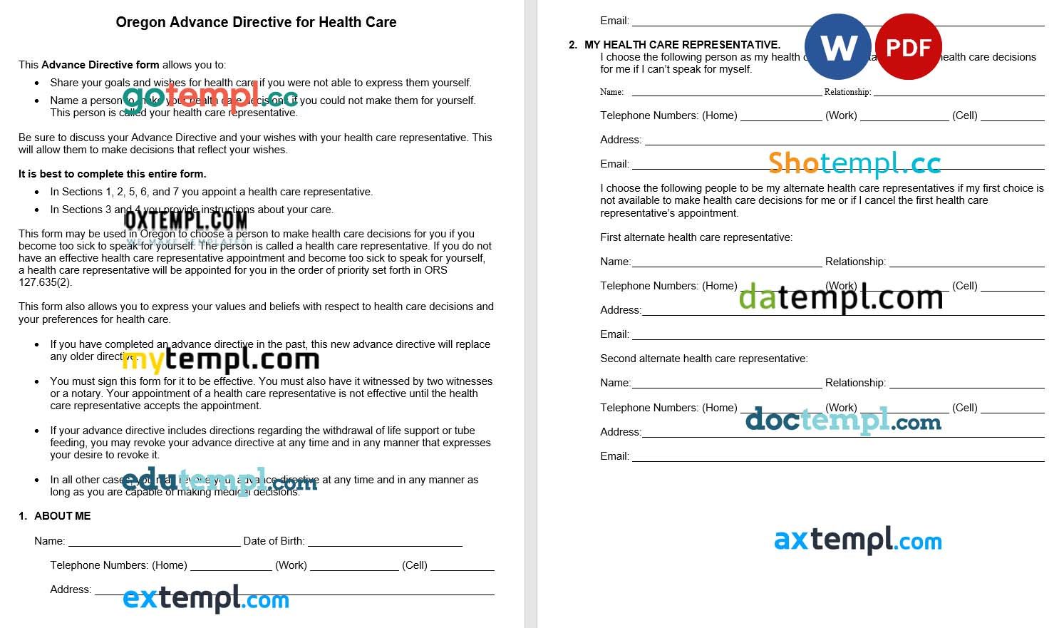 Oregon Advance Directive Form example, fully editable