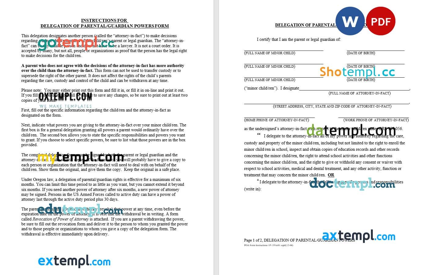 Oregon Guardian of Minor Power of Attorney example, fully editable