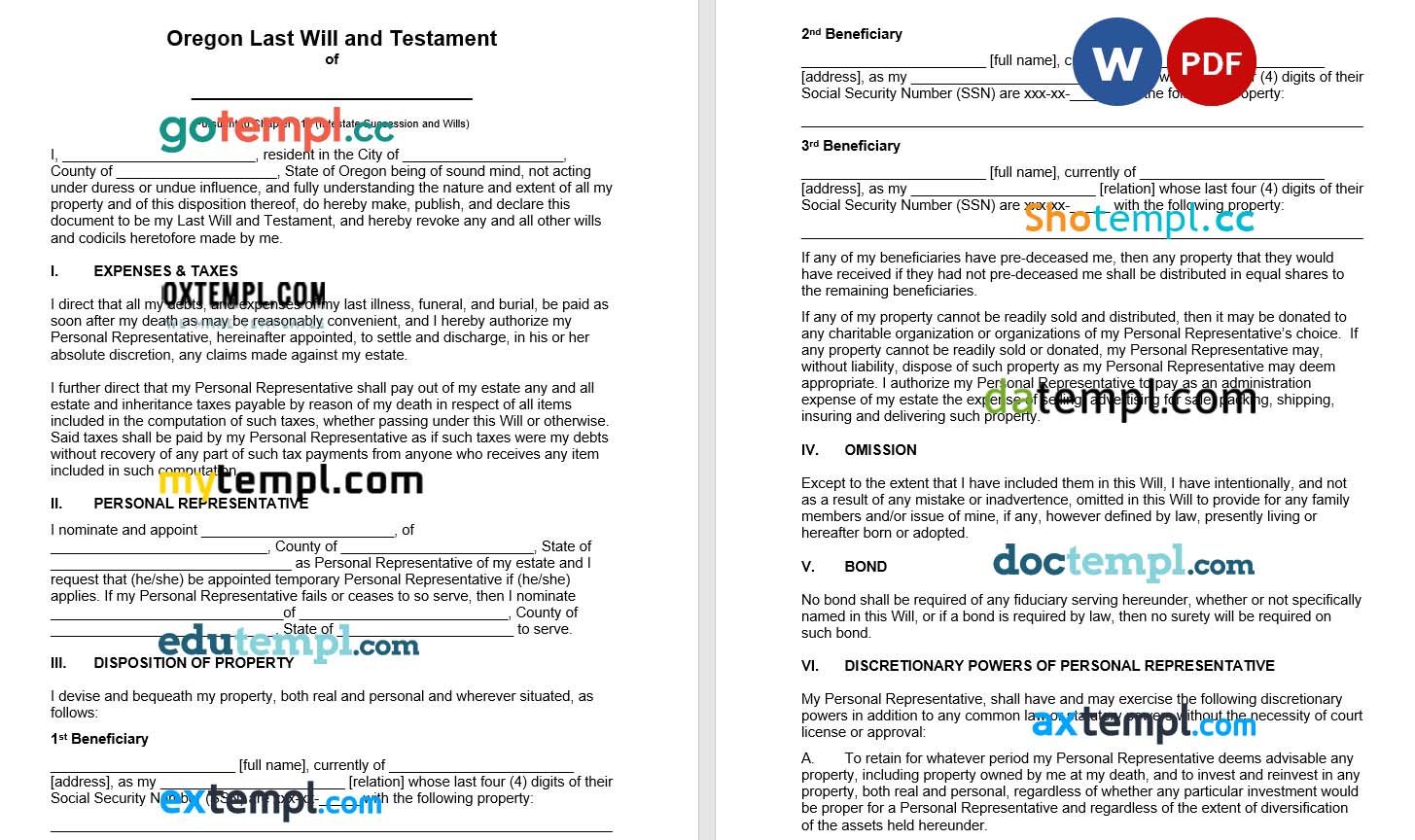 Oregon Last Will and Testament example, fully editable