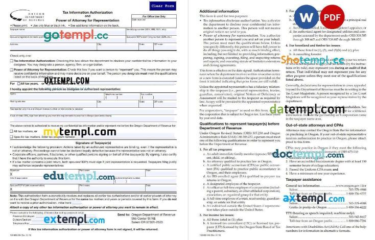 Oregon Tax Power of Attorney example, fully editable