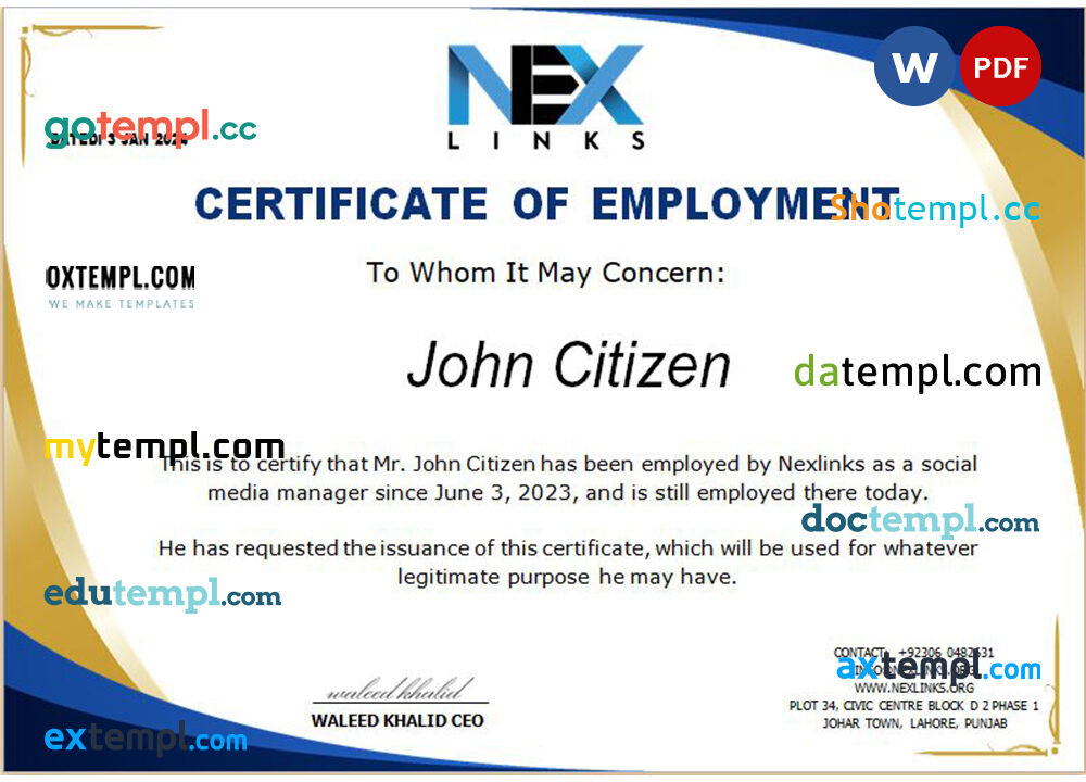 Pakistan Nexlinks certificate of employment Word and PDF download template