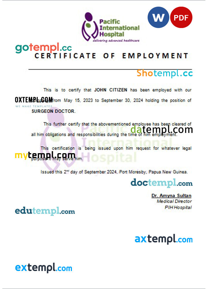 Papua New Guinea Pacific International Hospital certificate of employment Word and PDF download template