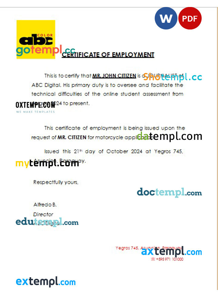 Paraguay ABC Digital certificate of employment Word and PDF download template