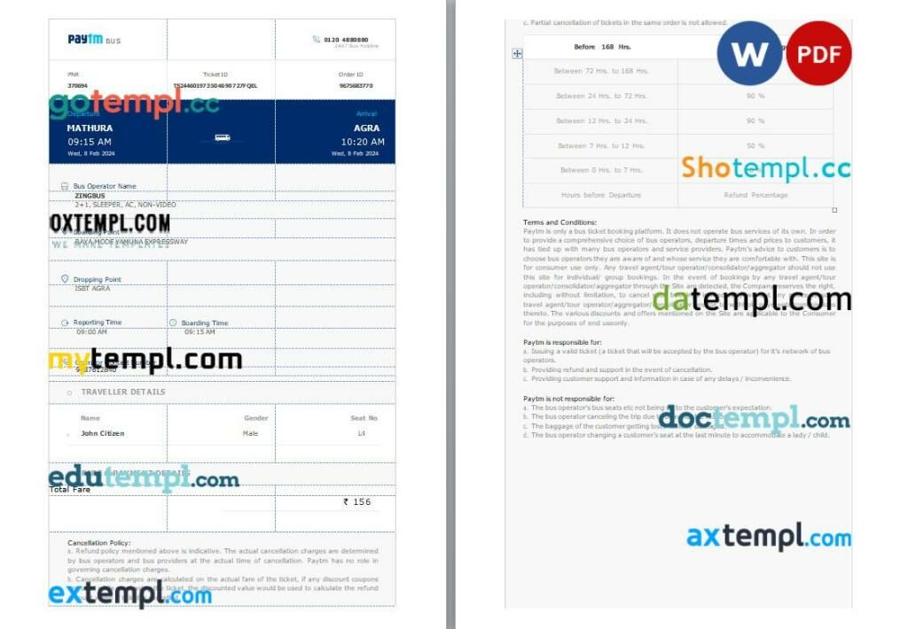 Paytm Bus ticket, Word and PDF download template, 2 pages