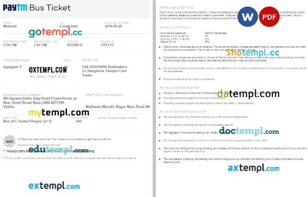 Paytm bus e-ticket, Word and PDF download template, 2 pages