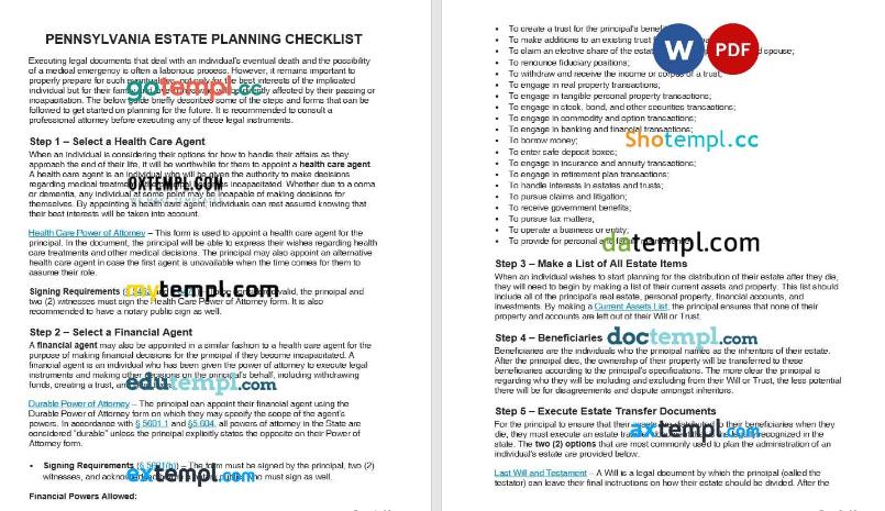 Pennsylvania Estate Planning Checklist example, fully editable