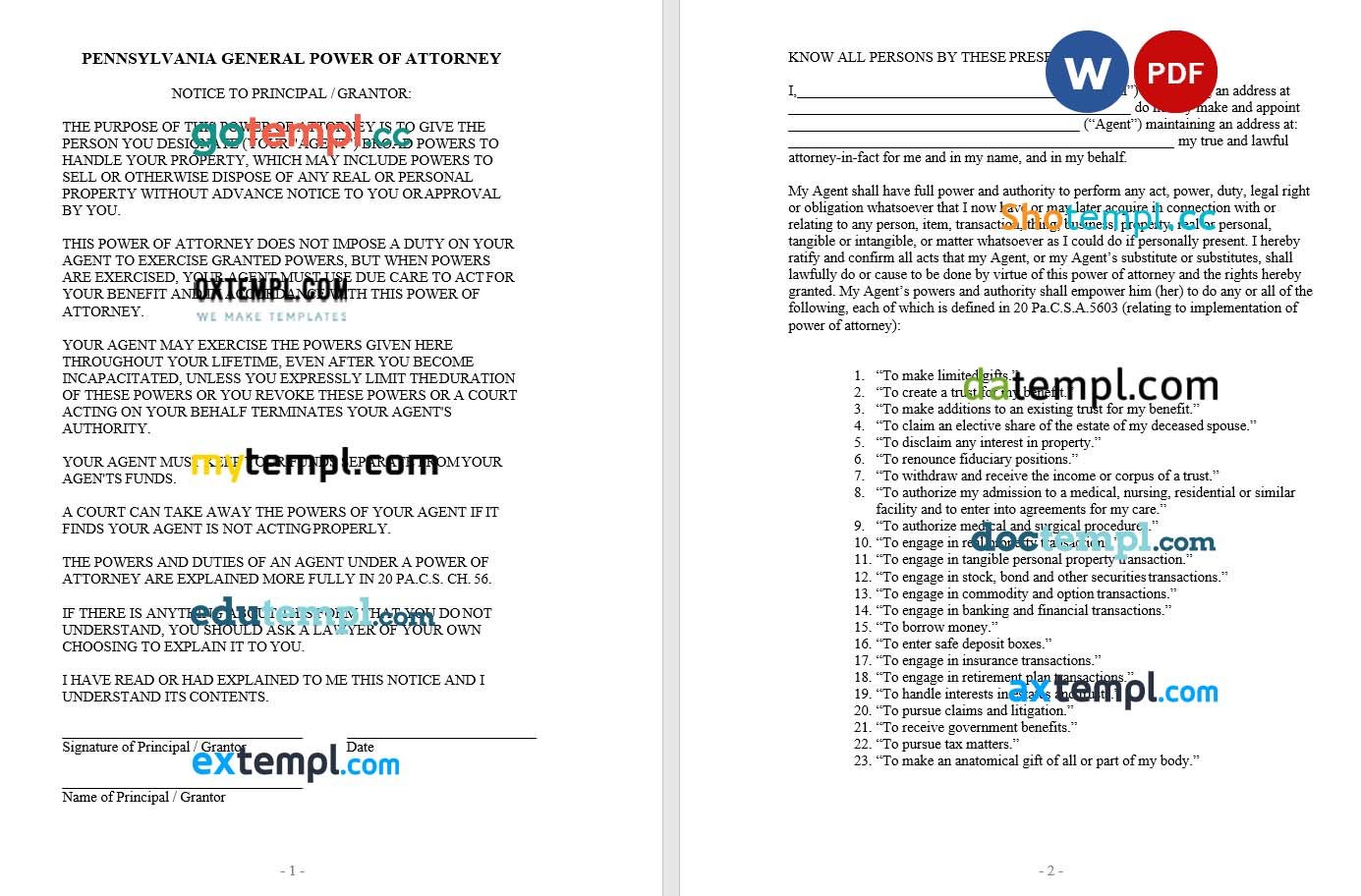 Pennsylvania General Power of Attorney example, fully editable