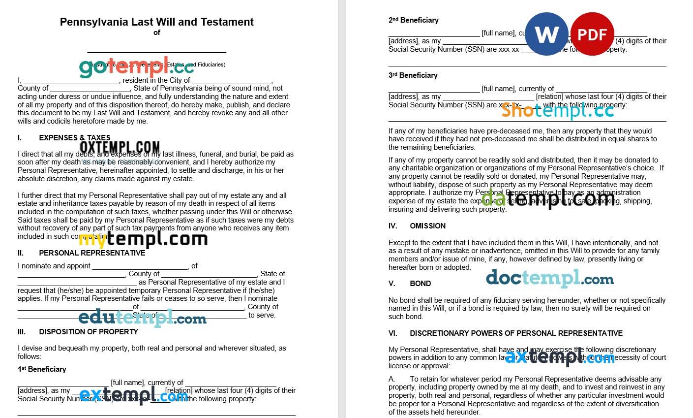 Pennsylvania Last Will and Testament example, fully editable