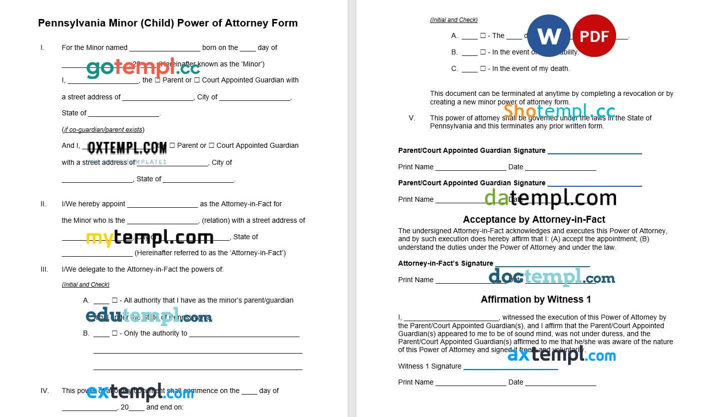 Pennsylvania Minor Child Parental Power of Attorney example, fully editable