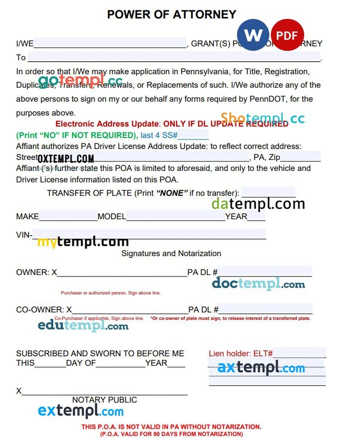 Pennsylvania Motor Vehicle Power of Attorney example, fully editable