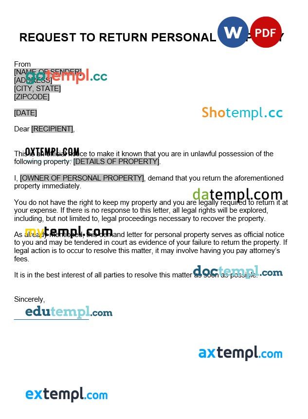 Personal Property Demand Letter example, fully editable